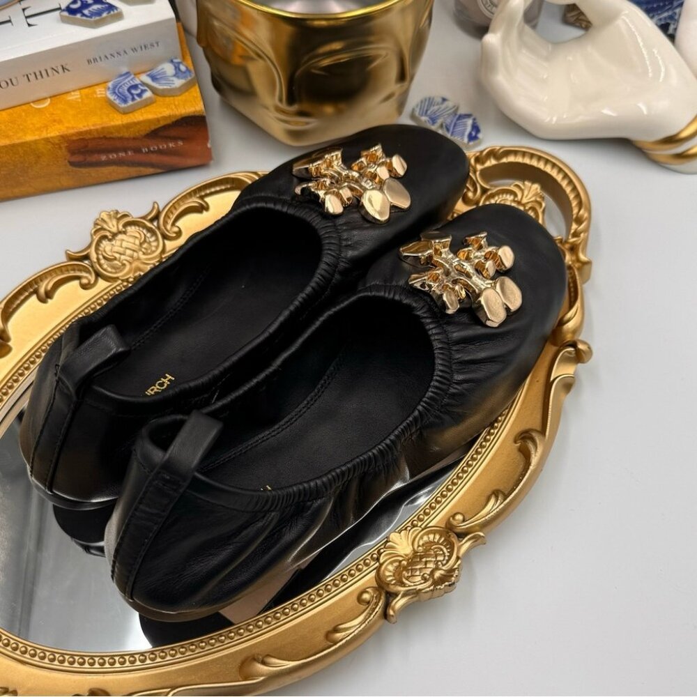 🆕 TORY BURCH 🧿 BNWOB Black Sheepskin Leather Abstract Logo Scrunch Ballet Flat - Picture 6 of 15